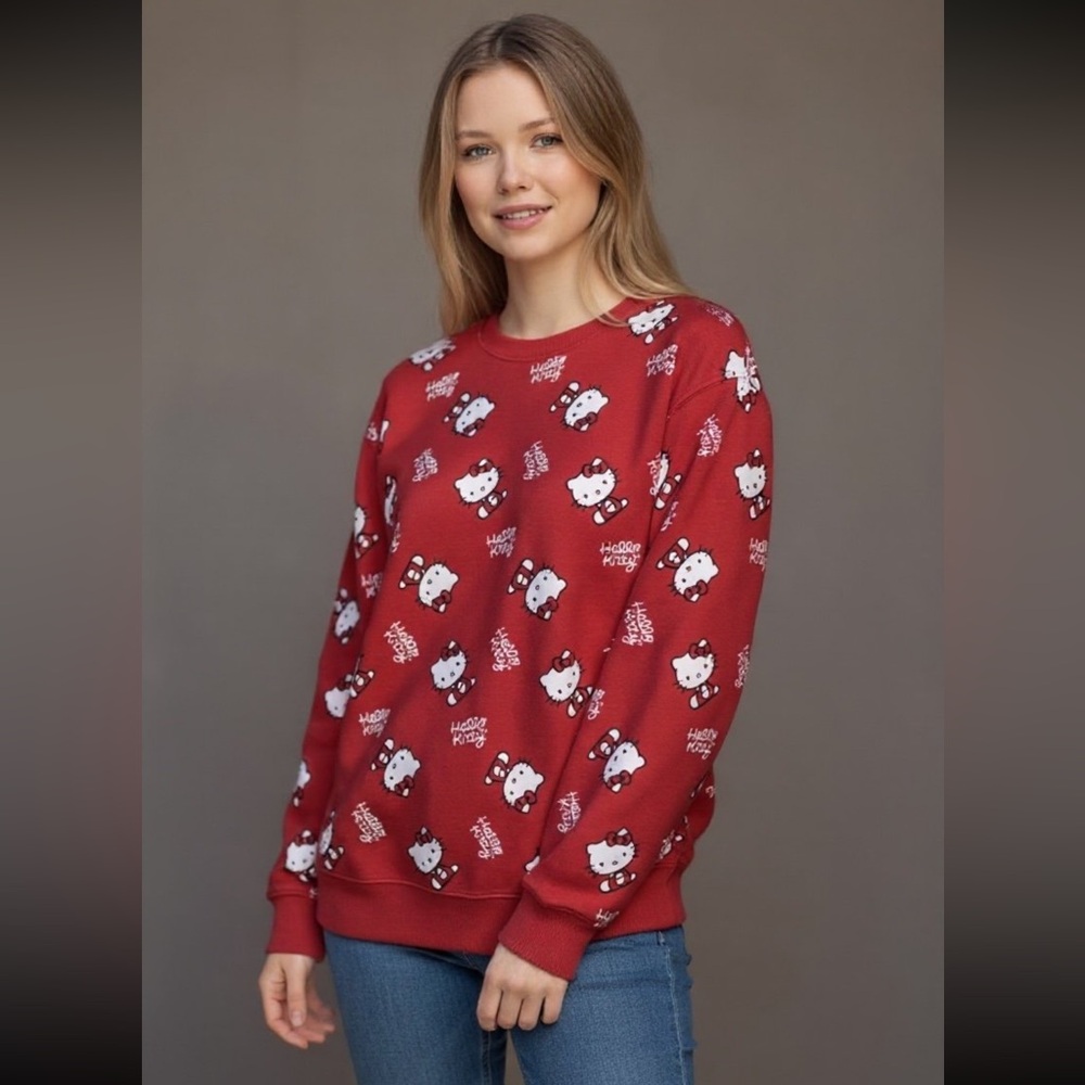 Hello Kitty Patterned Red Crew Neck Sweater NWT - image 2